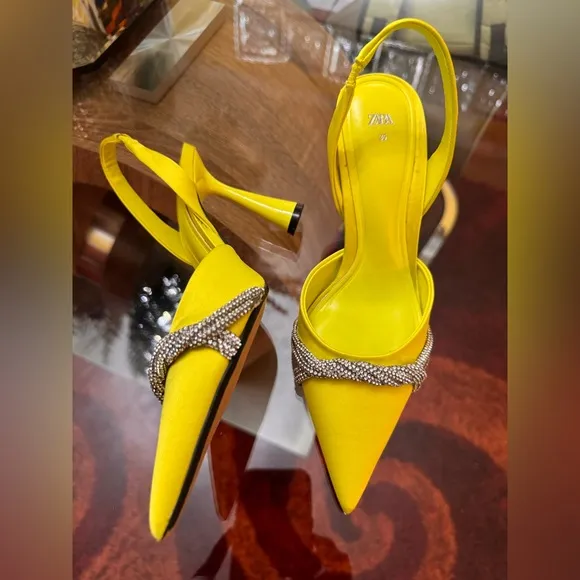 ZARA, Neon Green Satin Effect Rhinestone Heels In Neon green. Size 36/6