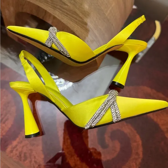 ZARA, Neon Green Satin Effect Rhinestone Heels In Neon green. Size 36/6