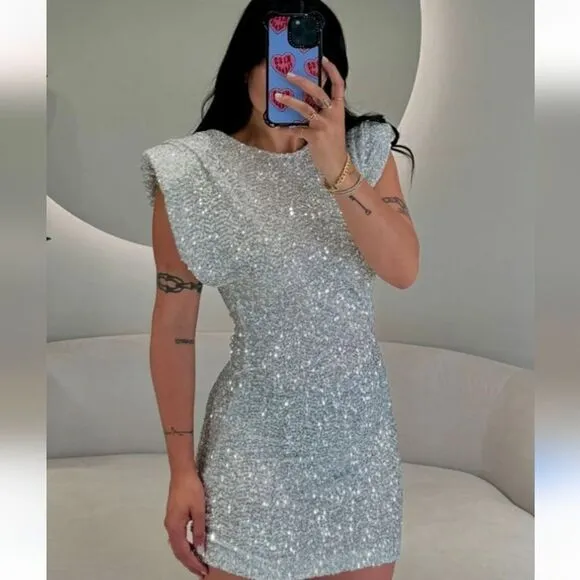 ZARA NWT ZARA SHORT SEQUINNED DRESS WITH SHOULDER PADS SILVER