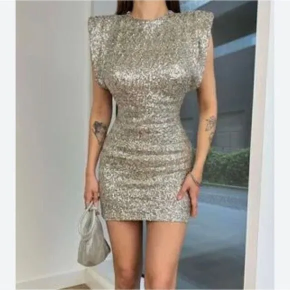 ZARA NWT ZARA SHORT SEQUINNED DRESS WITH SHOULDER PADS SILVER