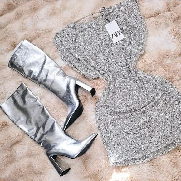 ZARA NWT ZARA SHORT SEQUINNED DRESS WITH SHOULDER PADS SILVER
