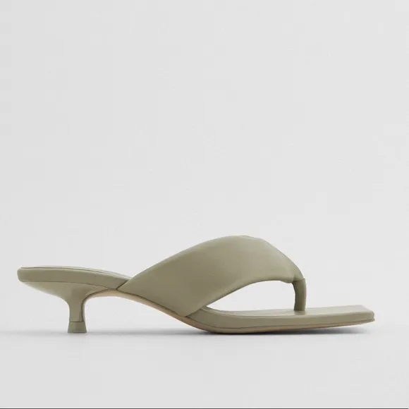 ZARA Quilted Leather Kitten Heels Sandals Green