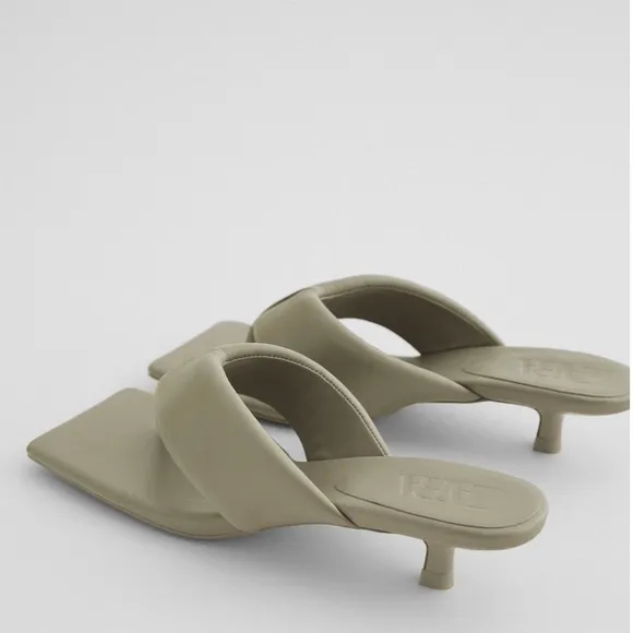 ZARA Quilted Leather Kitten Heels Sandals Green