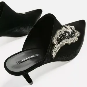ZARA RARE VELVET BEADED POINTED MULES HEELS BLACK NEW WITH TAGS US 6.5 EUR 37