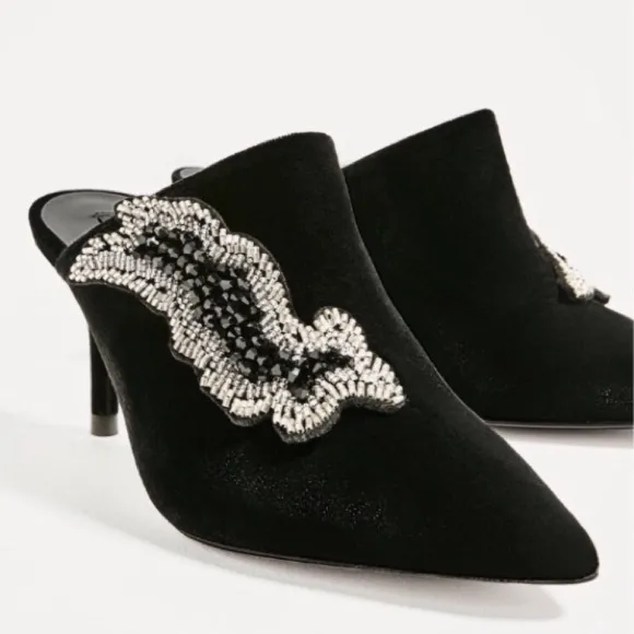 ZARA RARE VELVET BEADED POINTED MULES HEELS BLACK NEW WITH TAGS US 6.5 EUR 37