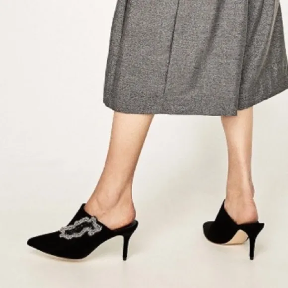 ZARA RARE VELVET BEADED POINTED MULES HEELS BLACK NEW WITH TAGS US 6.5 EUR 37