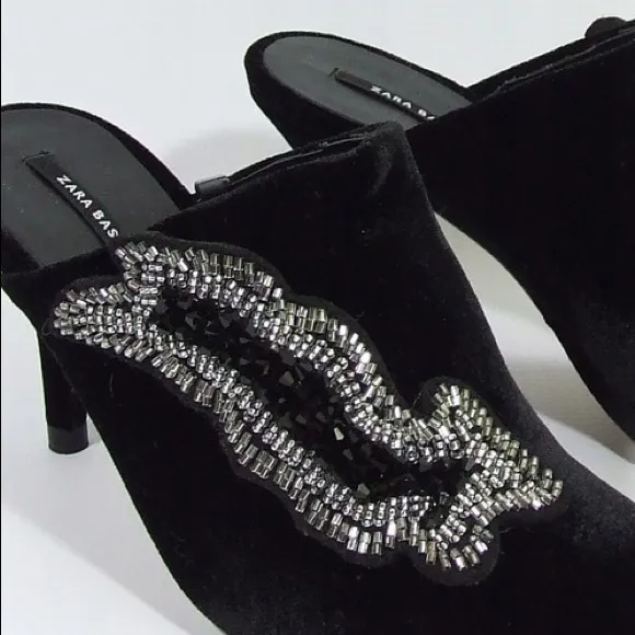 ZARA RARE VELVET BEADED POINTED MULES HEELS BLACK NEW WITH TAGS US 6.5 EUR 37