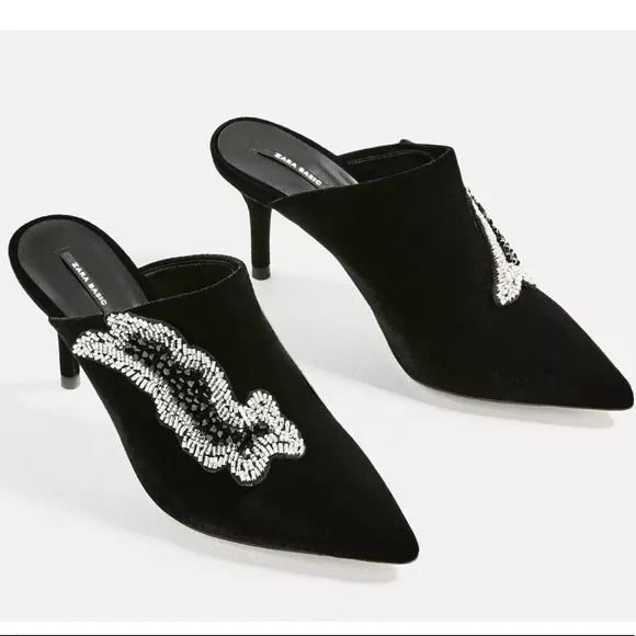 ZARA RARE VELVET BEADED POINTED MULES HEELS BLACK NEW WITH TAGS US 6.5 EUR 37