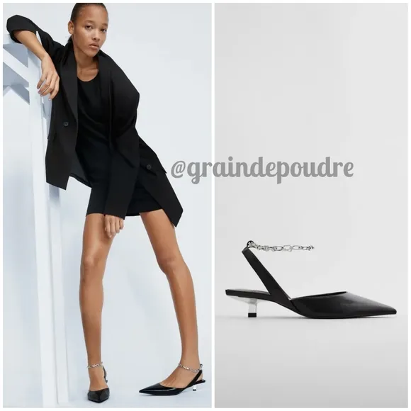 Zara Silver Ankle Chain Black Kitten Slingbacks 38