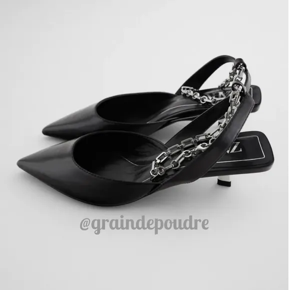 Zara Silver Ankle Chain Black Kitten Slingbacks 38