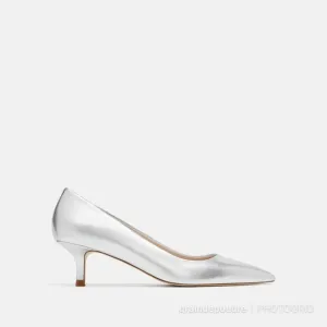 Zara Silver Metallic Leather Kitten Heel Pumps 37