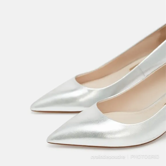 Zara Silver Metallic Leather Kitten Heel Pumps 37