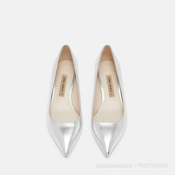 Zara Silver Metallic Leather Kitten Heel Pumps 37