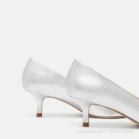 Zara Silver Metallic Leather Kitten Heel Pumps 37