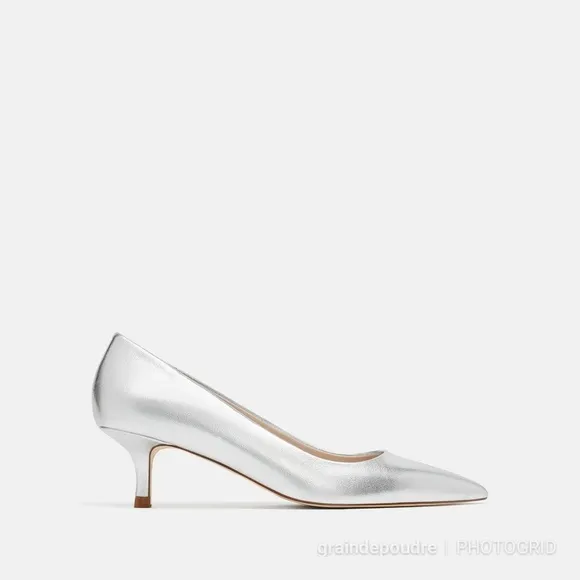 Zara Silver Metallic Leather Kitten Heel Pumps 37