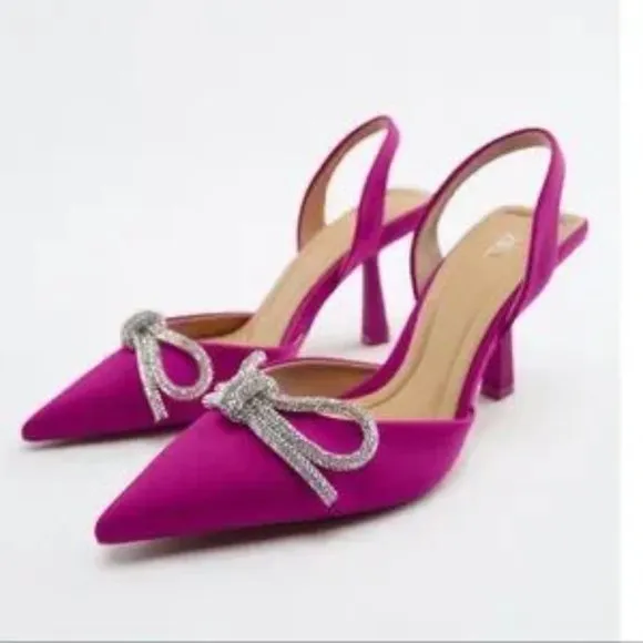 ZARA Slingback Heels With Bow Fuchsia