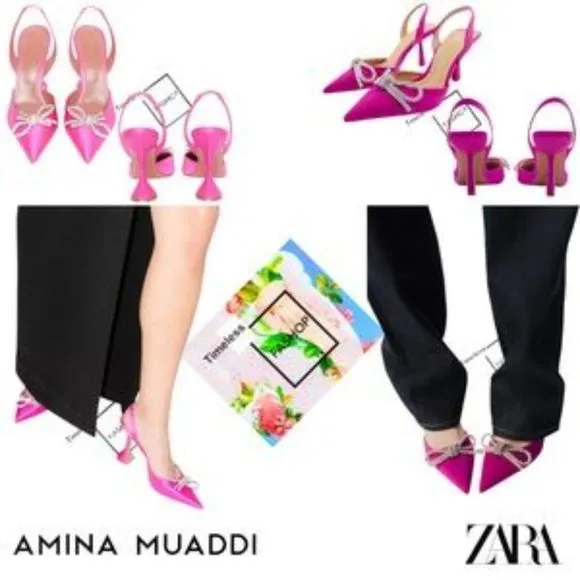 ZARA Slingback Heels With Bow Fuchsia