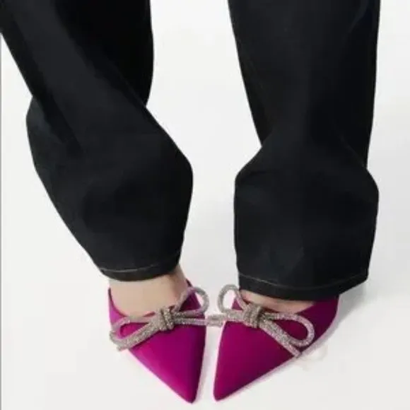 ZARA Slingback Heels With Bow Fuchsia