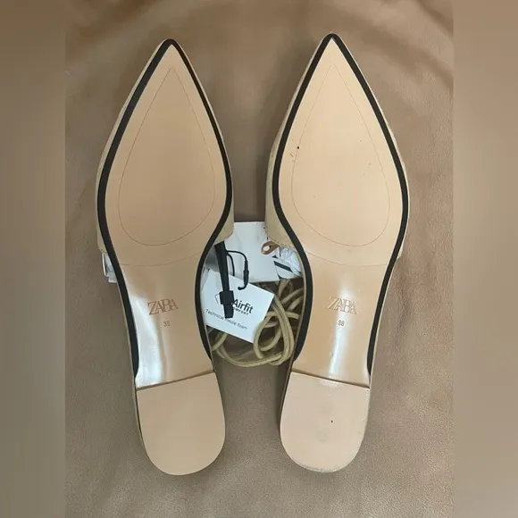 Zara Tied Suede T- Bar Flat MulesColor: Sandy Brown  *  Size 7.5 ( 38 )