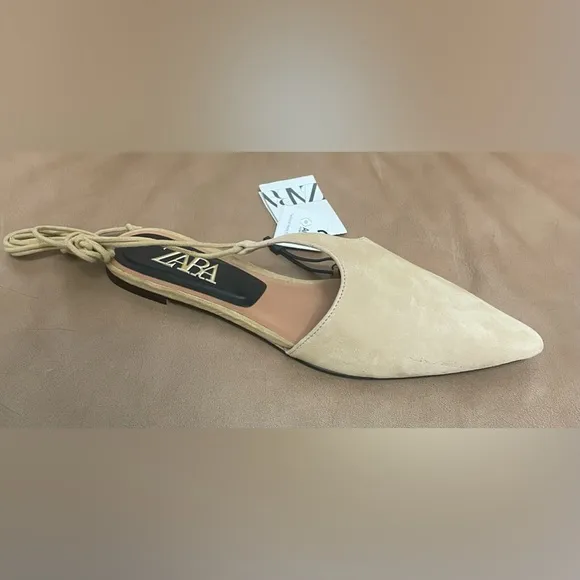 Zara Tied Suede T- Bar Flat MulesColor: Sandy Brown  *  Size 7.5 ( 38 )