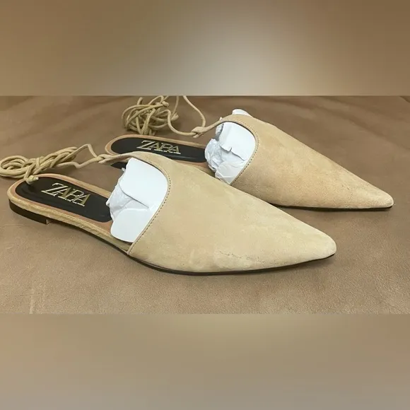 Zara Tied Suede T- Bar Flat MulesColor: Sandy Brown  *  Size 7.5 ( 38 )