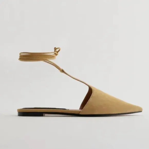 Zara Tied Suede T- Bar Flat MulesColor: Sandy Brown  *  Size 7.5 ( 38 )