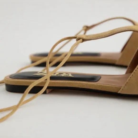 Zara Tied Suede T- Bar Flat MulesColor: Sandy Brown  *  Size 7.5 ( 38 )