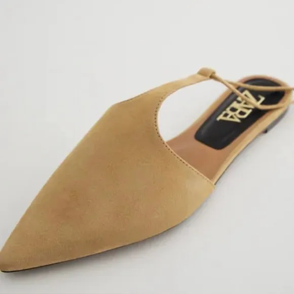 Zara Tied Suede T- Bar Flat MulesColor: Sandy Brown  *  Size 7.5 ( 38 )