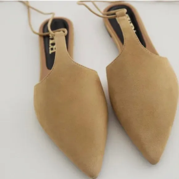 Zara Tied Suede T- Bar Flat MulesColor: Sandy Brown  *  Size 7.5 ( 38 )