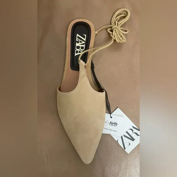 Zara Tied Suede T- Bar Flat MulesColor: Sandy Brown  *  Size 7.5 ( 38 )