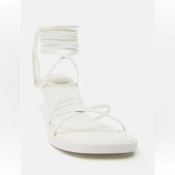 Zara White Leather Lace Up Kitten Heels Minimalist Sandals Shoe Size 8