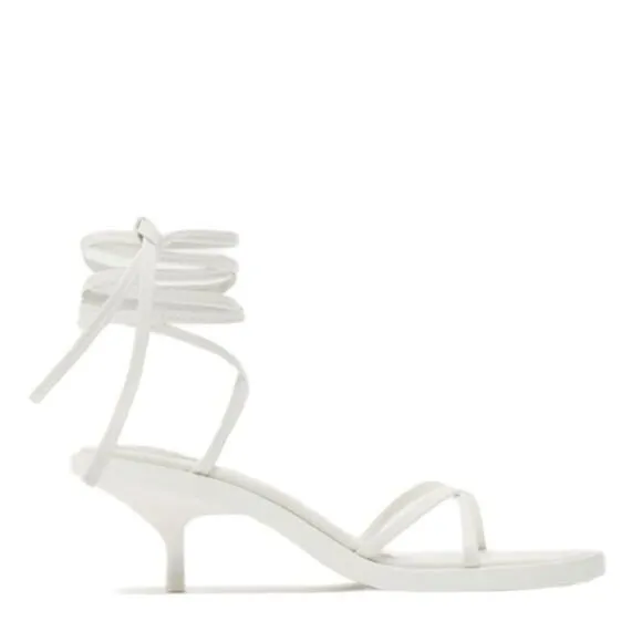 Zara White Leather Lace Up Kitten Heels Minimalist Sandals Shoe Size 8
