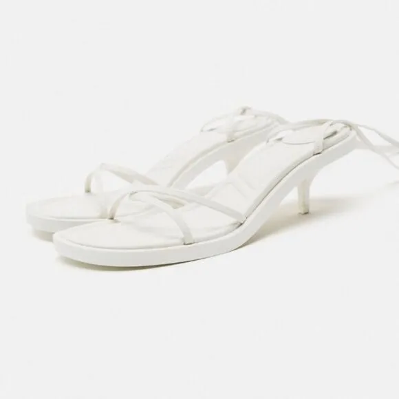 Zara White Leather Lace Up Kitten Heels Minimalist Sandals Shoe Size 8