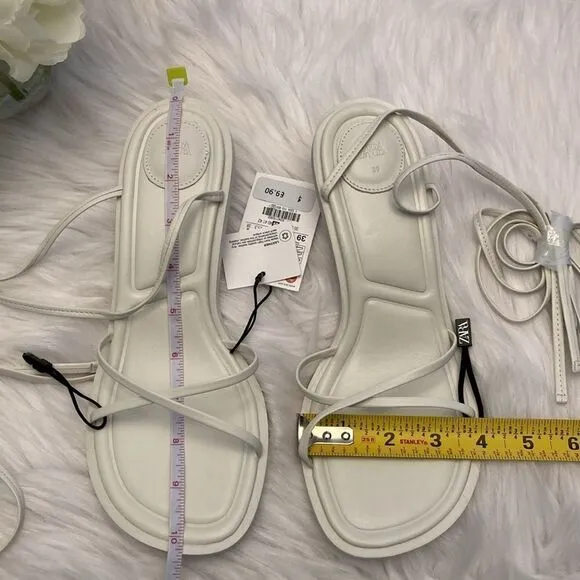 Zara White Leather Lace Up Kitten Heels Minimalist Sandals Shoe Size 8