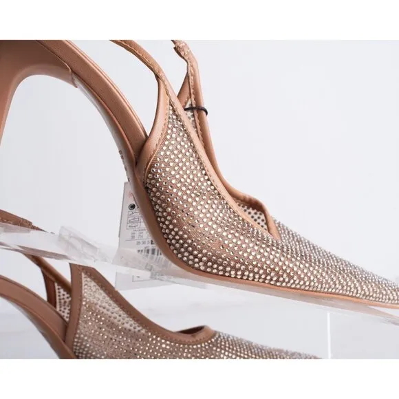 Zara Womens Slingback Rhinestone Pointed Heels Brown US 10 EU 41 2231/310 NWD