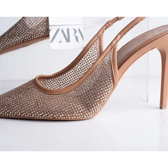 Zara Womens Slingback Rhinestone Pointed Heels Brown US 10 EU 41 2231/310 NWD