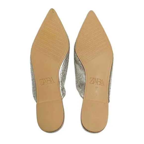 Zara Women’s Bejeweled Vamp Mules Silver Sparkle Size 6.5 / EU 37 NWOT