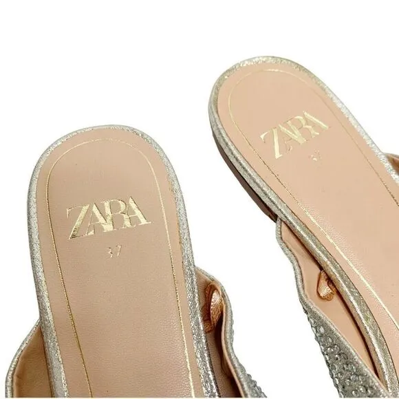 Zara Women’s Bejeweled Vamp Mules Silver Sparkle Size 6.5 / EU 37 NWOT