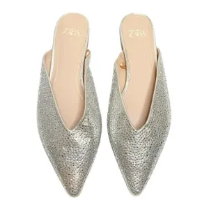 Zara Women’s Bejeweled Vamp Mules Silver Sparkle Size 6.5 / EU 37 NWOT