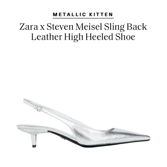 ZARA x STEVEN MEISEL Metallic Sling Back Leather High Kitten Heels Size 38/7.5