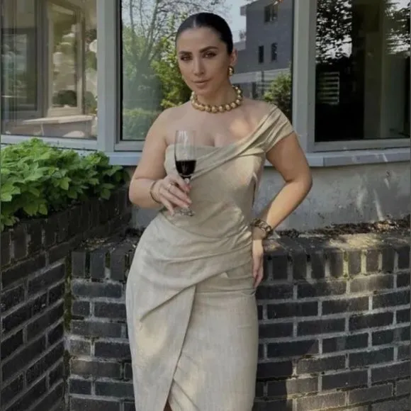 ZARA ASYMMETRICAL SLIP DRESS TAUPE BROWN 3265/332/193/014