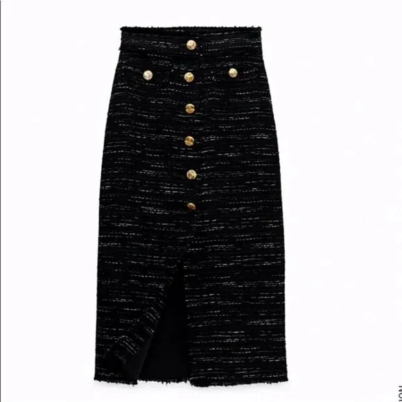 ZARA PENCIL TEXTURED SKIRT WITH GOLD BUTTONS