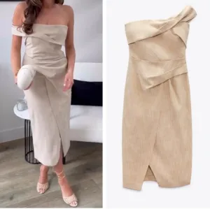 Zare Asymmetrical Slip Linen Fabric Like Dress In Taupe Brown Size XS