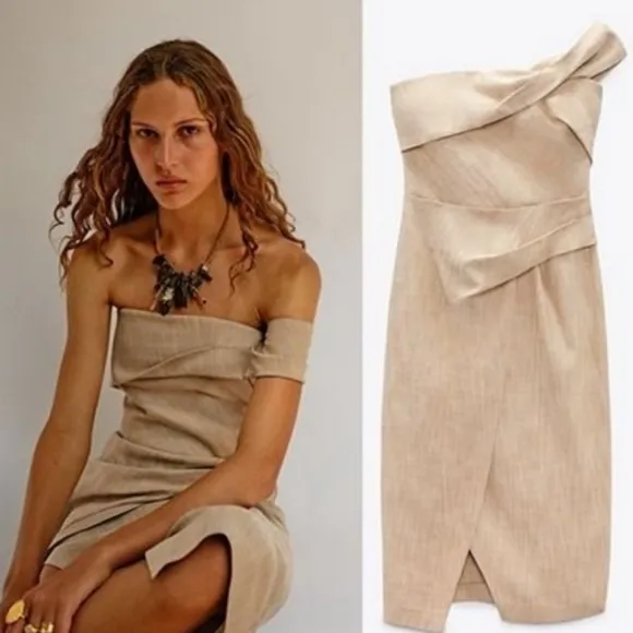 Zare Asymmetrical Slip Linen Fabric Like Dress In Taupe Brown Size XS