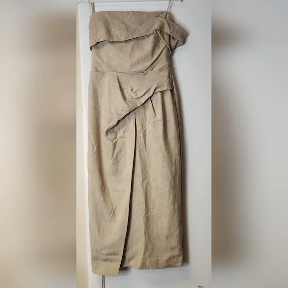 Zare Asymmetrical Slip Linen Fabric Like Dress In Taupe Brown Size XS